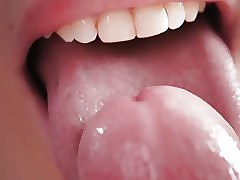 Muddy blowjob from asian female gets bright spunk from frenulum licking, close-up, pov, vertical video